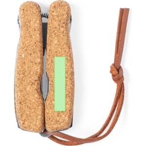 A multitool featuring cork handles, a metal body, and a leather strap, ideal for keyrings or tool sets.