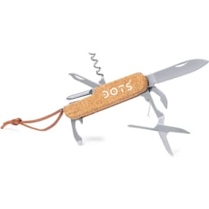 A multifunction pocket knife with silver metal tools and a cork handle, featuring various attachments and a leather strap.