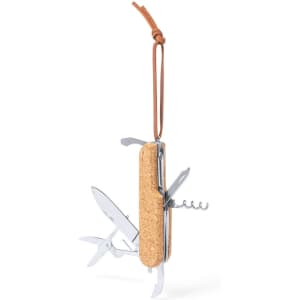 A multifunctional pocket knife with cork handle, featuring a knife, scissors, and corkscrew, attached to a leather strap.
