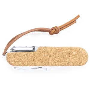 A multifunction pocket knife featuring a cork handle and a leather strap, predominantly in natural tones.