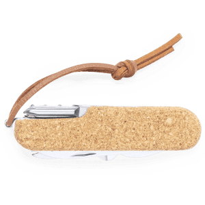 A multifunction pocket knife with a cork handle and a leather strap, featuring various tools and a metallic finish.