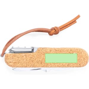 A cork-handled multifunction pocket knife with a silver blade and a leather strap. It features a logo.