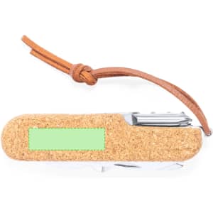 A multifunction pocket knife with a cork handle and a brown leather lanyard. It features a shiny silver tool.