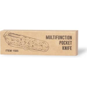 A multifunction pocket knife in a brown cardboard packaging, featuring a sketch illustration of the knife.