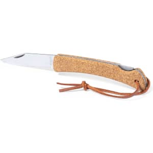A pocket knife with a silver blade and a cork handle, featuring a leather strap. It has a branded logo.
