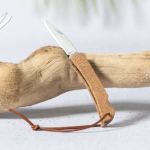 A pocket knife with a silver blade and a brown leather handle rests on a wooden branch.