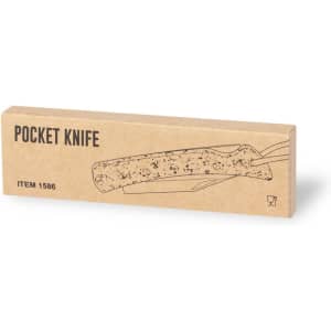 A pocket knife with a speckled handle, packaged in a simple brown box featuring a branding logo.