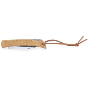 A pocket knife with a cork handle and a brown leather lanyard, featuring a sleek design.