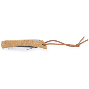 A pocket knife with a cork handle and a brown leather lanyard, featuring a stainless steel blade.