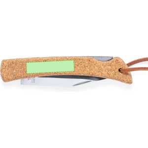 A cork-handled pocket knife with a silver blade, featuring a leather strap and an area for a logo.