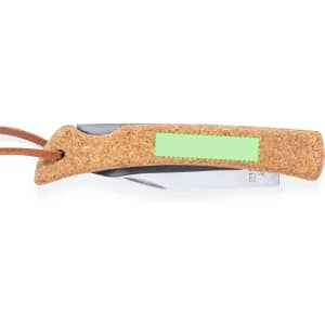 A cork-handled pocket knife featuring a metallic blade and a leather strap for attachment.