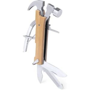 A multitool featuring a wooden handle with metallic components, including a hammer, pliers, and various blades.