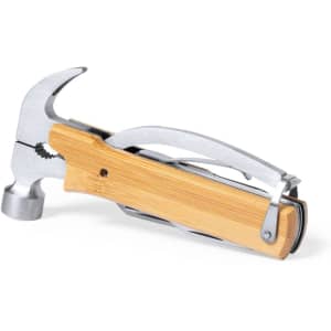 A multitool featuring a steel hammer head and a bamboo handle, showcasing a sleek design with a logo.