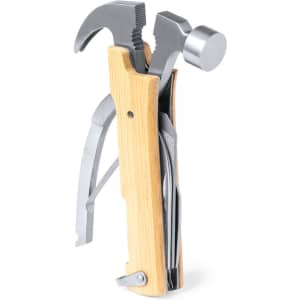 A multitool with a wooden handle and various metal tools, including a hammer and pliers, showcased in a compact design.