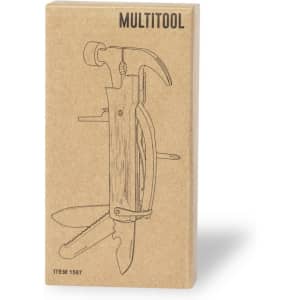 A multitool in a cardboard box featuring a hammer, knife, and saw, with a simple design and a logo on the packaging.