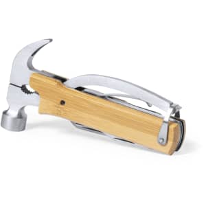 A multitool featuring a silver metal hammer and a wooden handle, designed with various tools and a folding mechanism.
