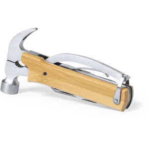 A multitool with a bamboo handle, featuring a hammer, pliers, and various tools in stainless steel.