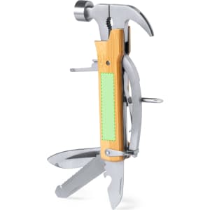 A multitool with a bamboo handle, featuring a hammer, screwdriver, and several other tools in silver.