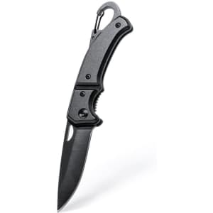 A black pocket knife featuring a sleek design and a carabiner hook for easy attachment.