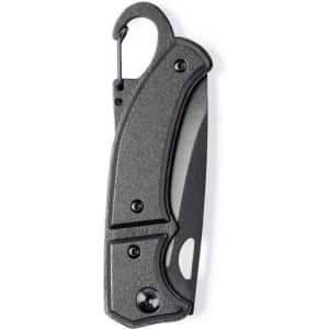 A grey pocket knife with a textured handle and a carabiner clip. It features a blade and an integrated safety mechanism.