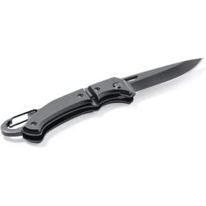 A pocket knife with a sleek grey handle and a black blade, featuring a built-in carabiner for attachment.