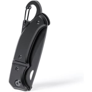 A black pocket knife with a carabiner clip, featuring a sleek design and a small opening for easy attachment.