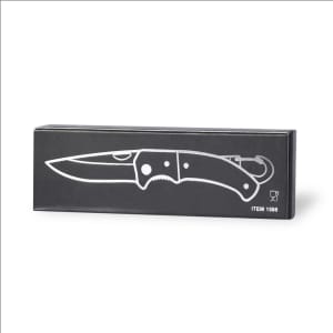 A black pocket knife displayed in a rectangular box featuring a simple design and a logo.