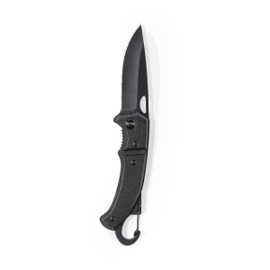 A black Datrak pocket knife with a sleek design and a hook on the handle, featuring a logo.