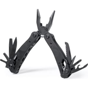 A black multitool with pliers and various tools extended, featuring a logo. Ideal for keyrings and miscellaneous tasks.