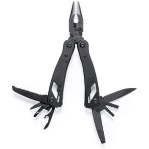 A black multitool featuring pliers, a serrated knife, scissors, and several other tools. It has a logo on the handle.