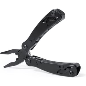 A black multitool with pliers and multiple tool functions, featuring a textured grip and a branding logo.