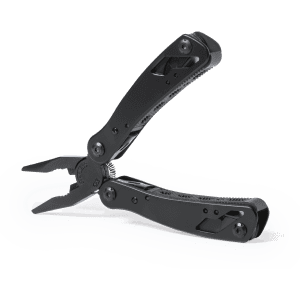 A black multitool featuring pliers, with foldable handles and a compact design. It has a logo visible on the handle.