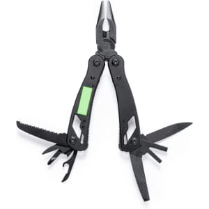 A black multitool featuring pliers, a knife, a saw, and various other tools, with a small green accent.