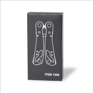A black packaging featuring a tool design, with a white outline illustration of a multitool on the front.
