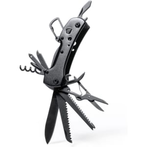 A black multifunction pocket knife with various tools including scissors, a saw, and a bottle opener, featuring a logo.