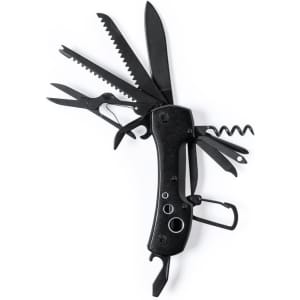 A black multifunction pocket knife with various tools, including a knife, scissors, saw, and a corkscrew, featuring a logo.