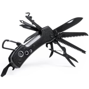 A black multifunction pocket knife with various tools extended, including blades, a saw, and scissors.