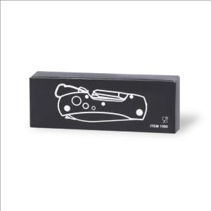 A black box containing a compact multifunction pocket knife with a sleek design. The box has a logo.