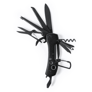 A black multifunction pocket knife featuring various tools, including blades, scissors, and a corkscrew.