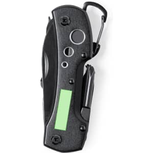 A multifunction pocket knife in black with a green accent, featuring a clip and various tools. It has a logo.