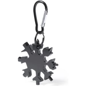 A black snowflake-shaped multitool keyring with a carabiner attachment.
