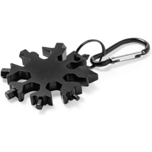 A black snowflake-shaped multitool featuring various tools, attached to a small carabiner.