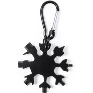 A black snowflake-shaped multitool with various tools and a carabiner for attachment.