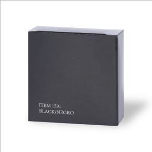 A black box with a glossy finish, featuring a logo and item number on one side.
