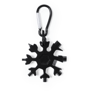 A black multitool shaped like a snowflake with various tool features and a keyring clip.