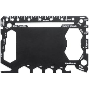 A black multitool card featuring various measurements, a can opener, and a smartphone slot, along with a brand logo.