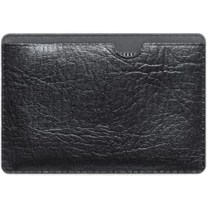 A black cardholder with a textured surface and an opening at the top for cards. It has a sleek, minimalist design.
