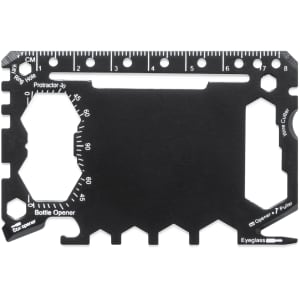 A black multitool card featuring various functionalities, including a bottle opener, ruler, and eyeglass holder.