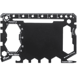 A black multitool with various functions, including a bottle opener, ruler, and eyeglass screwdriver.