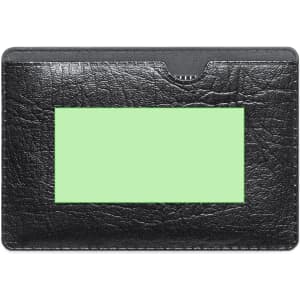 A black cardholder made from textured material with a clear ID window and a slot for cards.